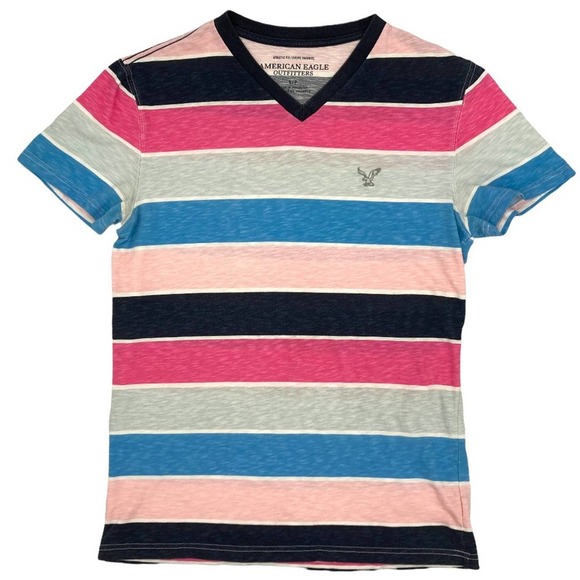 American Eagle Striped V-Neck 100% Cotton Short Sleeve T-Shirt - Picture 1 of 7